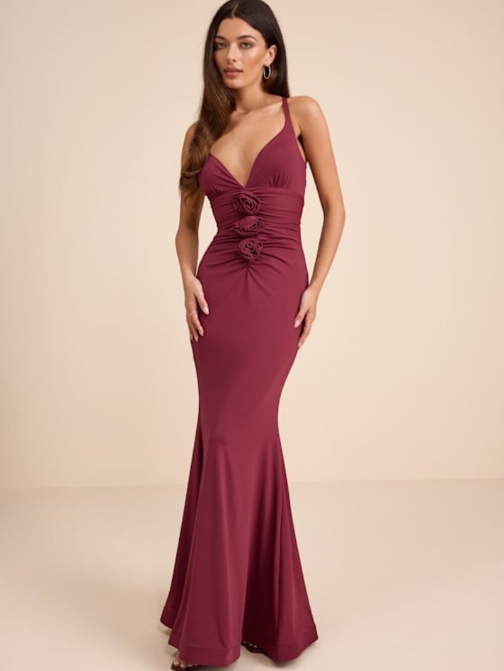 Lulus Dinah Wine Red Slinky Knit Rosette Maxi Dress - Size M